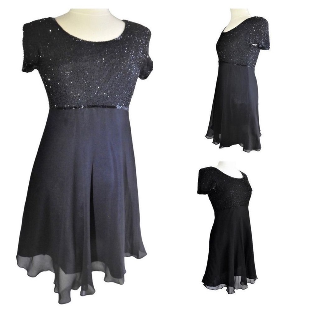 Adrianna Papell Evening Vintage Black Silk Glass Beaded Mini Dress Size 6